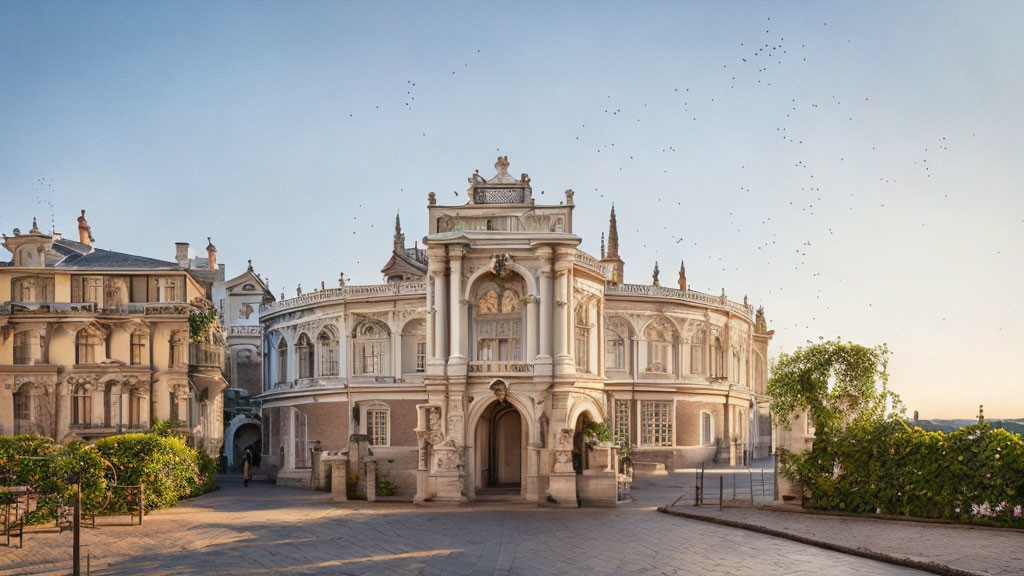 Historical building with intricate architecture and birds flying above cobblestone courtyard