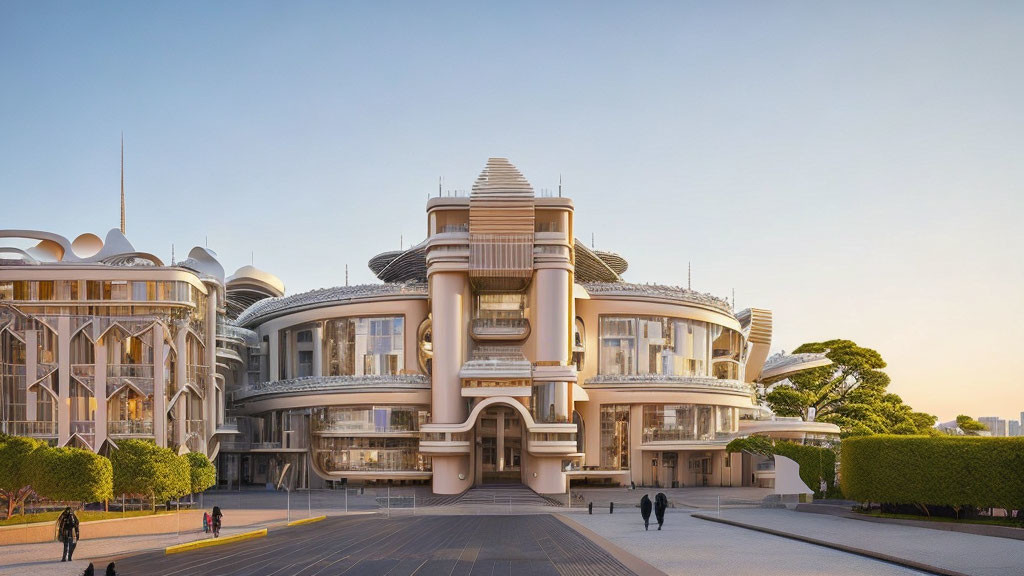 Ornate Art Deco building surrounded by modern glass structures