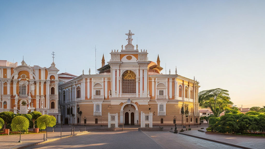 Symmetrical classical architecture with clock tower and arched windows at sunset