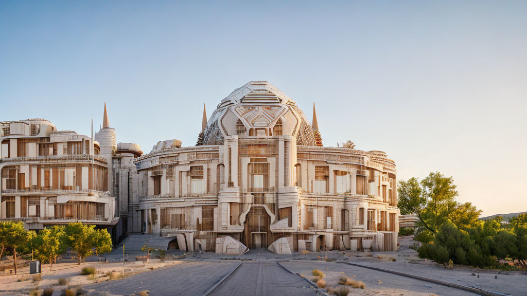 Unfinished grandiose building with domes and towers under clear sky