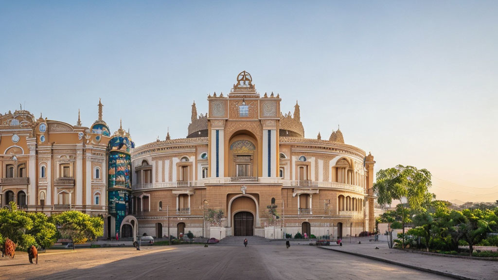 Ornate building with arches and lush trees under clear sky