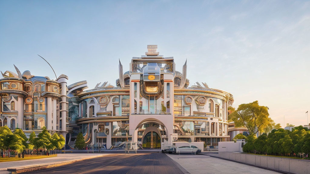 Ornate multi-story building with intricate architecture and clear sky, surrounded by greenery and quiet street