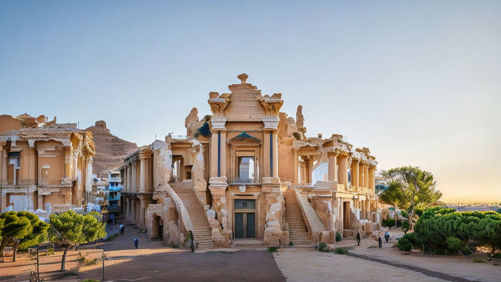 Ancient theater facade with modern buildings and pedestrians in evening light