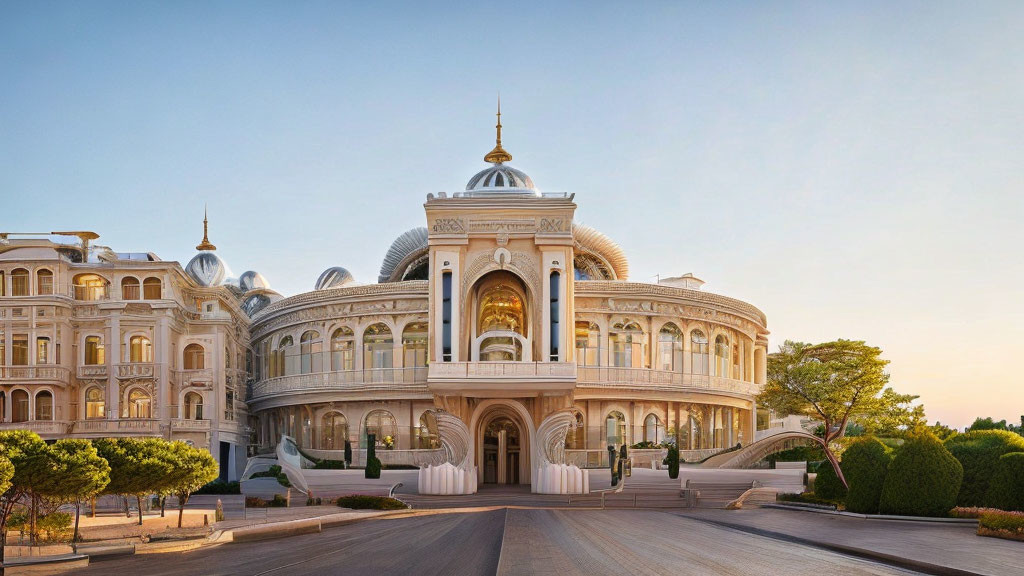 Palatial Building with Domes and Arches in Golden Sunlight