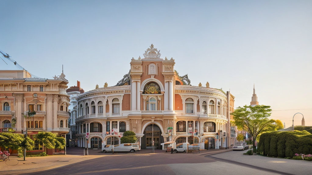 Ornate European-style Building with Arched Windows and Curved Entrance