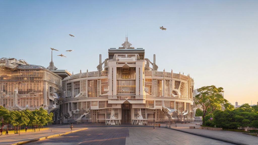 Neoclassical building with modern elements in sunlit city square