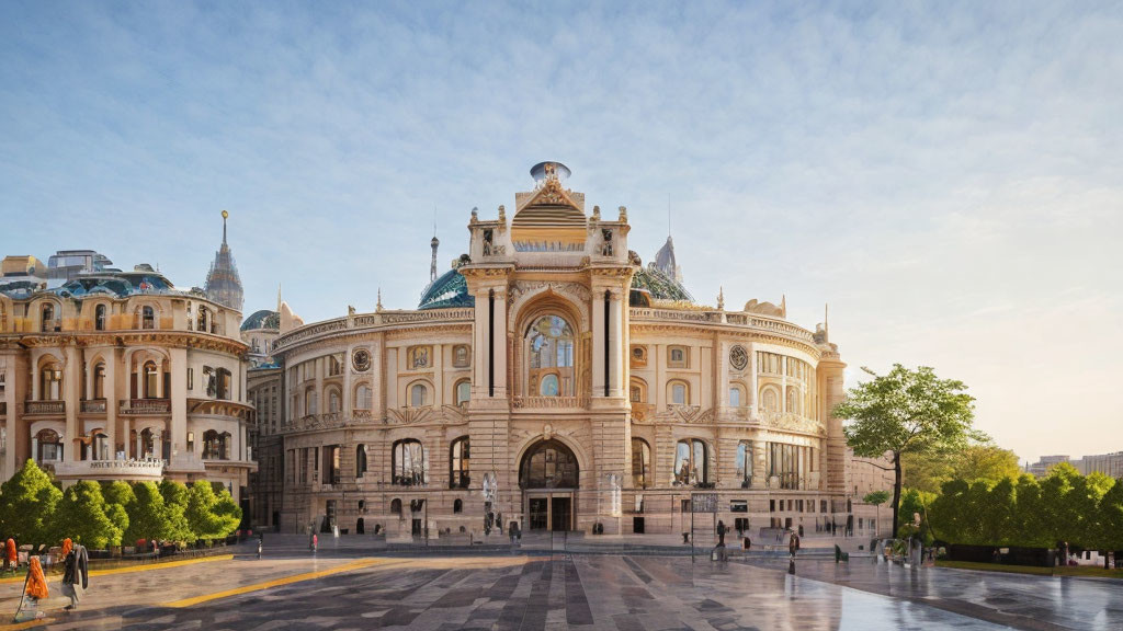 Ornate building with central dome and towers under clear sky