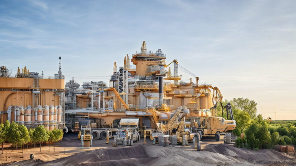 Industrial facility with storage tanks, piping, machinery, and front loader under clear sky