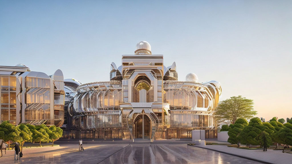 Modern building with central dome and transparent geometric facade among trees at dusk or dawn