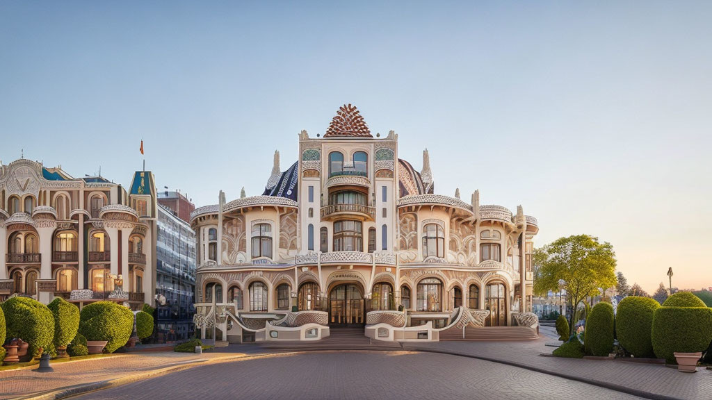 Elaborate architectural details of grand building at dusk