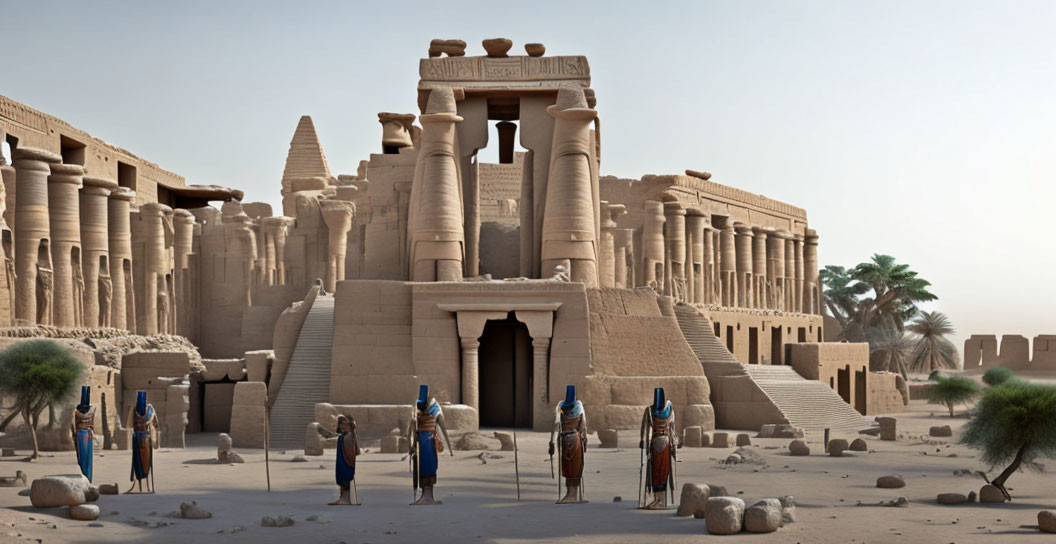 Impressive Ancient Egyptian temple complex with columns, obelisks, statues, and desert landscape.