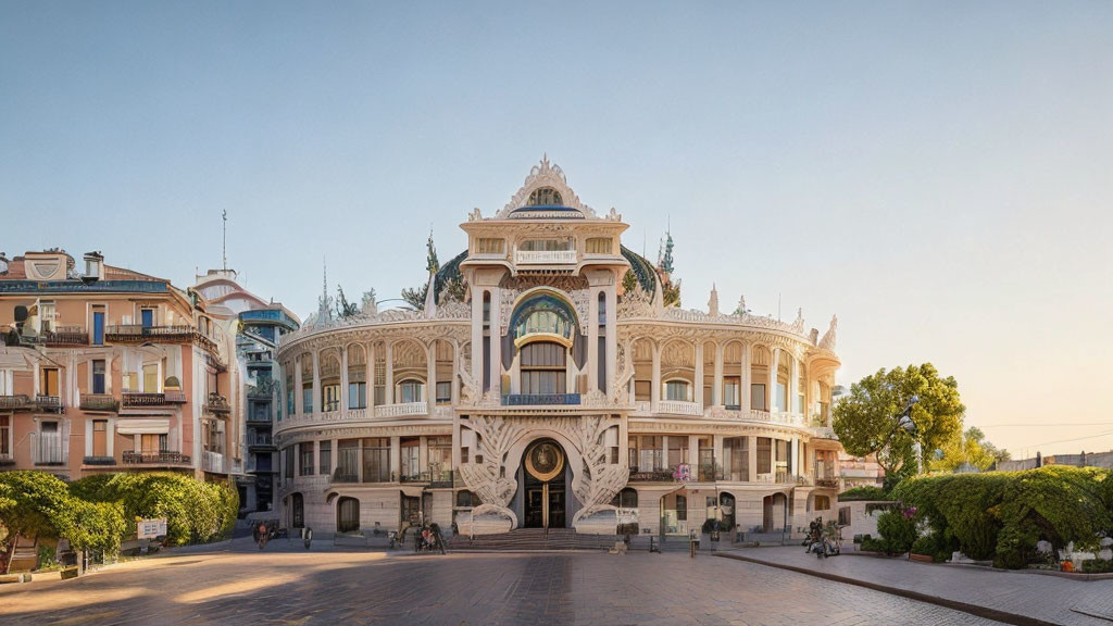 Neoclassical building with intricate facade details and arched windows