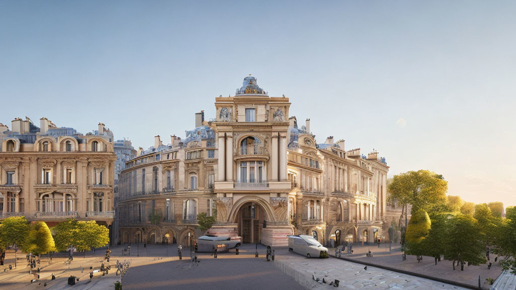 Historical building with central archway, trees, and sunset sky.