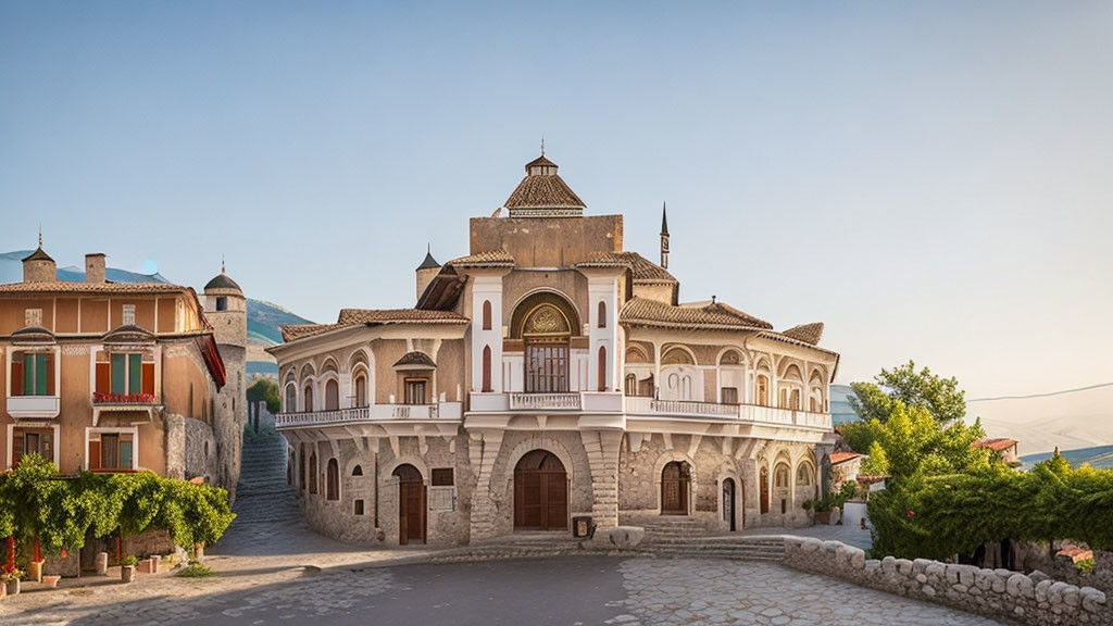 Stately Two-Story Building with Arched Doorways in Residential Area at Sunrise or Sunset