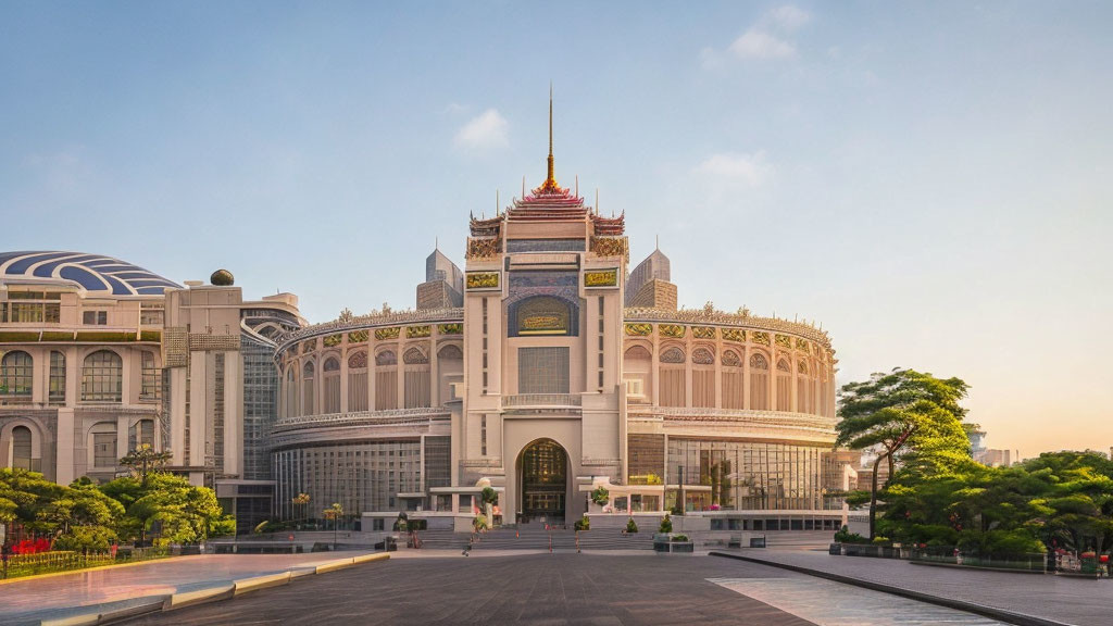 Traditional architectural building with grand entrance and central spire in warm sunlight