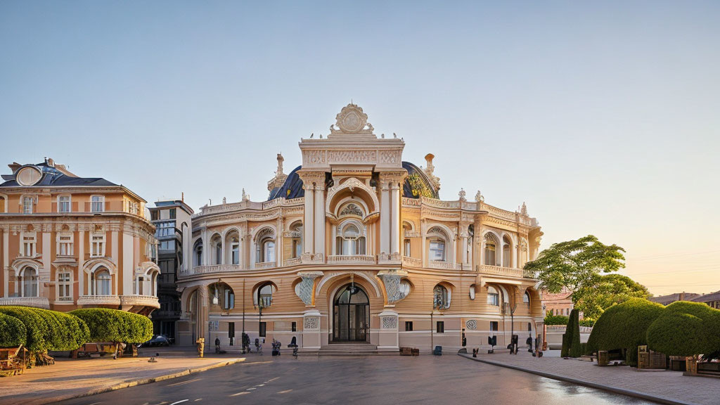 Elaborate Historic Building with Arches and Decorative Details at Dusk