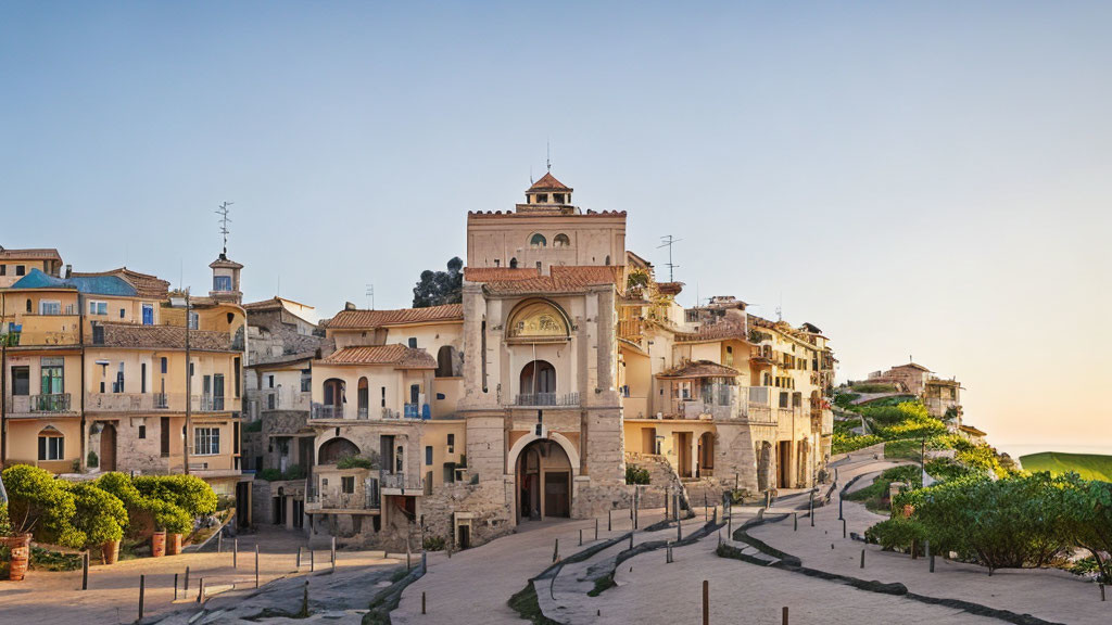 Historic buildings with arched entrances and clay-tiled roofs on a deserted cobblestone street at