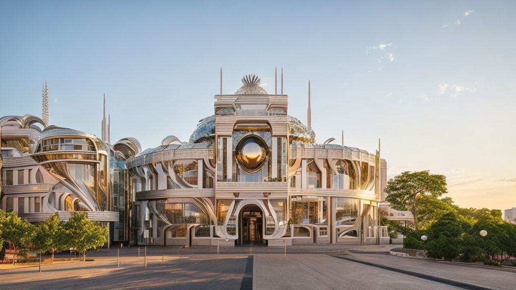 Futuristic building with metallic structures and large circular window