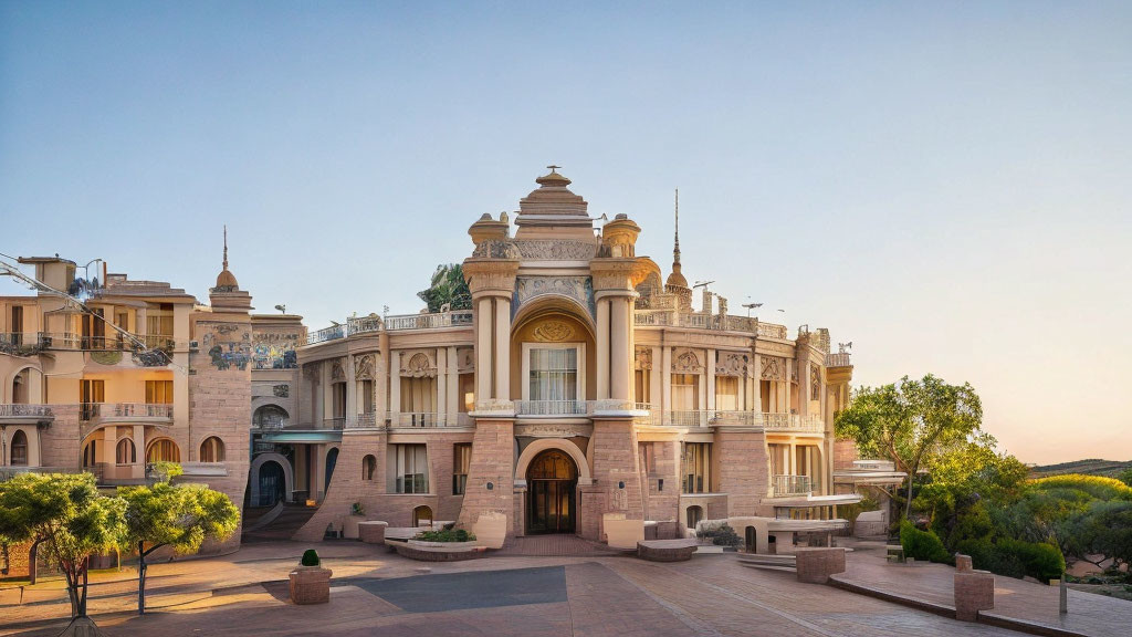 Classical architecture building with arches and dome in warm sunlight