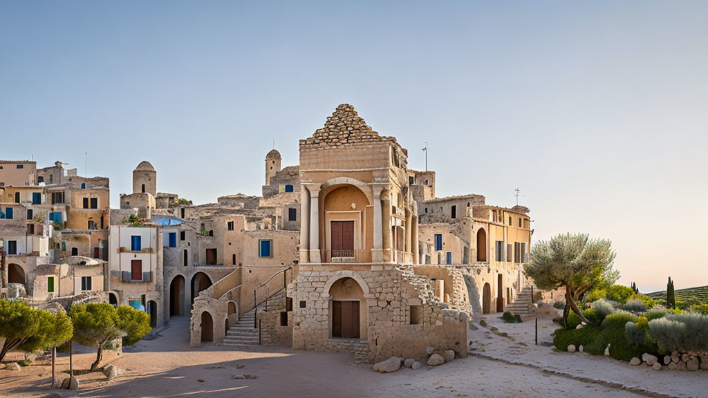 Ancient stone building with arches in scenic village setting