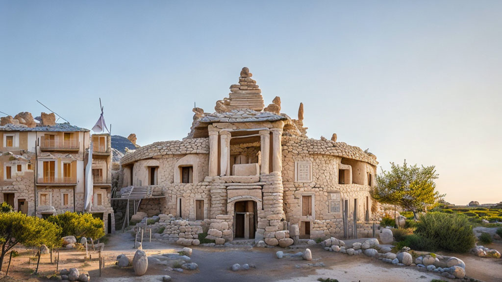 Traditional stone building with steepled facade amidst rounded boulders