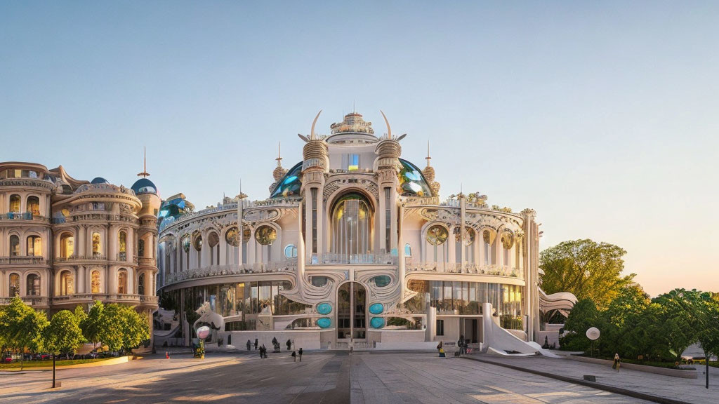 Intricate architecture and domes with people walking in a spacious plaza