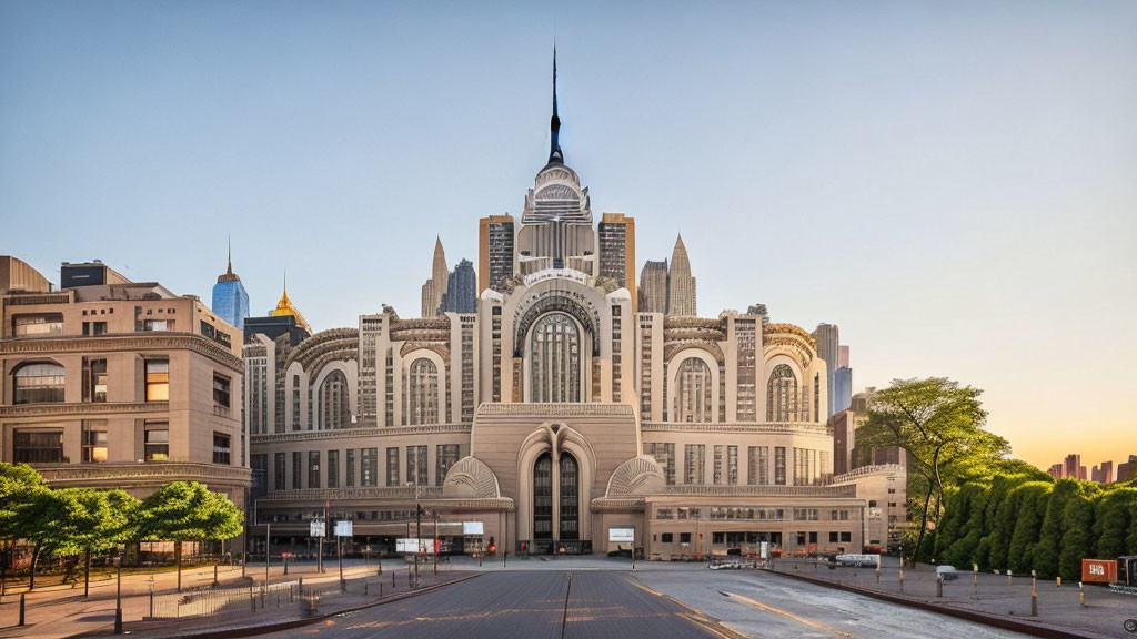 Symmetrical Art Deco Building with Central Spire and Modern Skyscrapers at Golden Hour