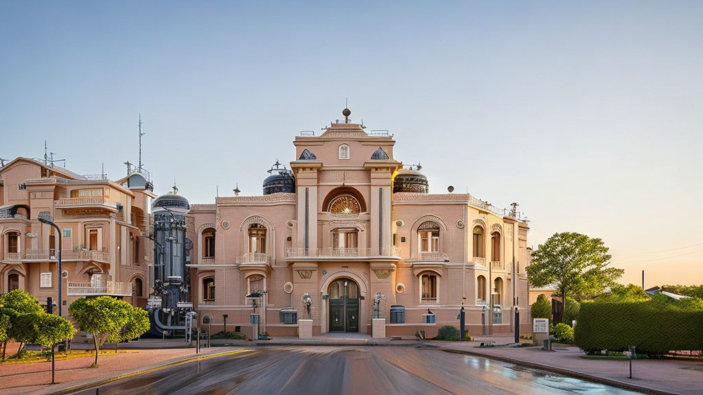 Ornate Pink Building with Round Towers at Dusk