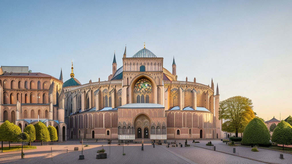 Symmetrical Cathedral with Rose Window and Twin Spires