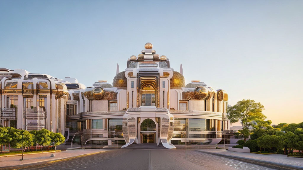 White and Gold Futuristic Architecture with Detailed Domes at Sunrise/Sunset