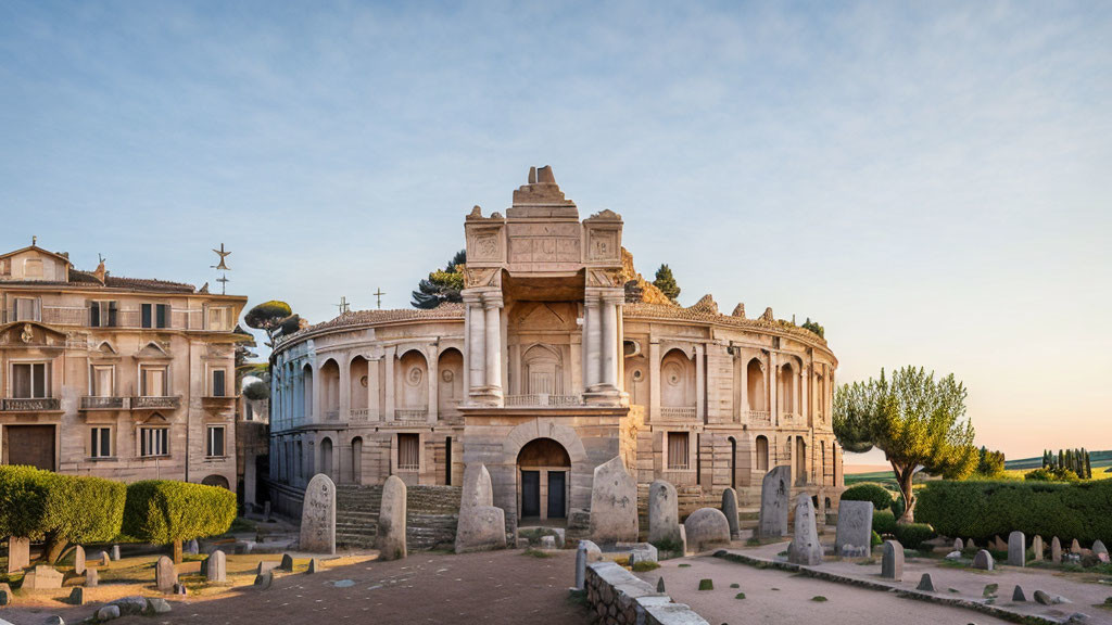 Historic stone building with arched entrances and classical details in manicured gardens at dusk