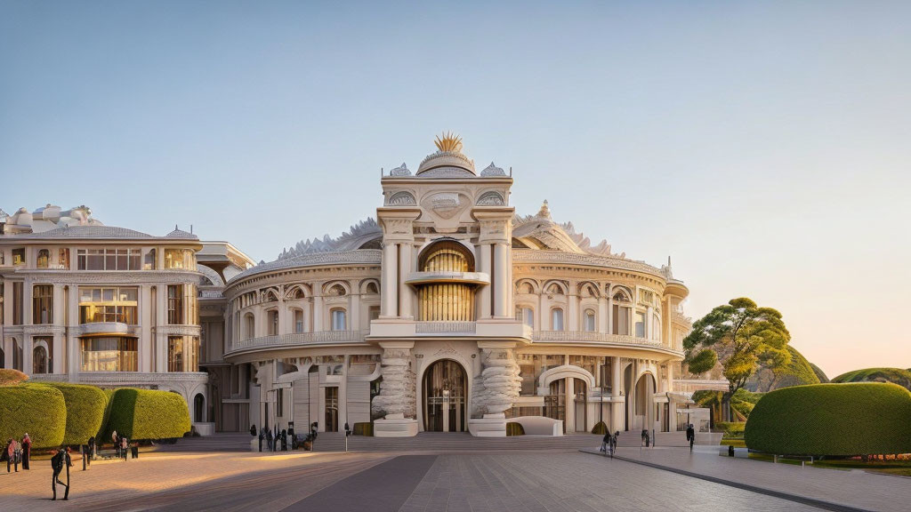 Classical white building with central dome and ornate details