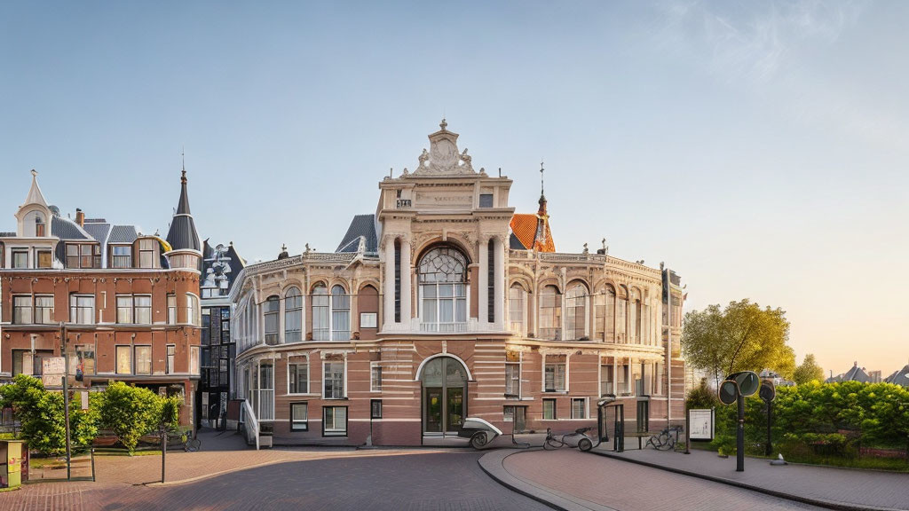 Historic ornate building with classical facade at street corner under clear twilight sky