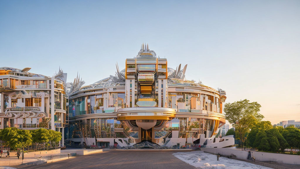 Futuristic circular building with wing-like extensions at dusk