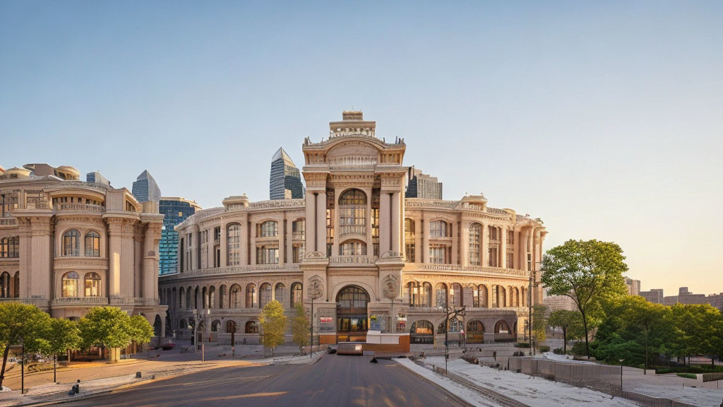 Classical building with arches and columns in cityscape with modern skyscrapers