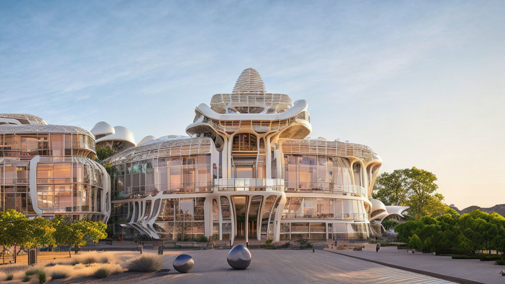 Futuristic building with central spire and curved glass facades at dusk