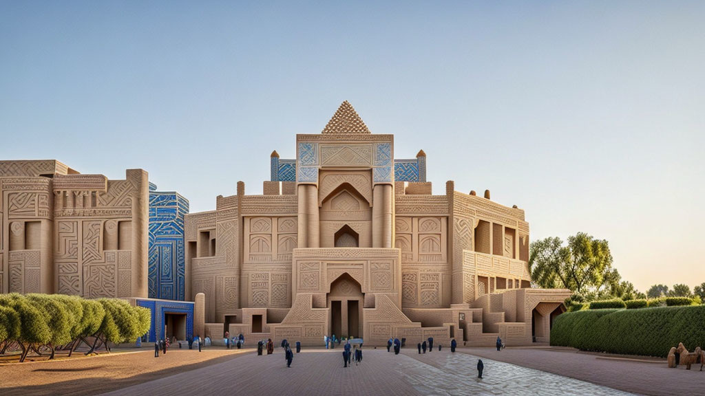 Traditional Desert-Style Building with Intricate Patterns and Visitors