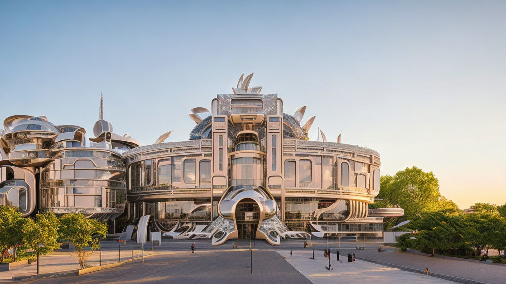 Futuristic metallic architecture with domes and organic shapes at dusk