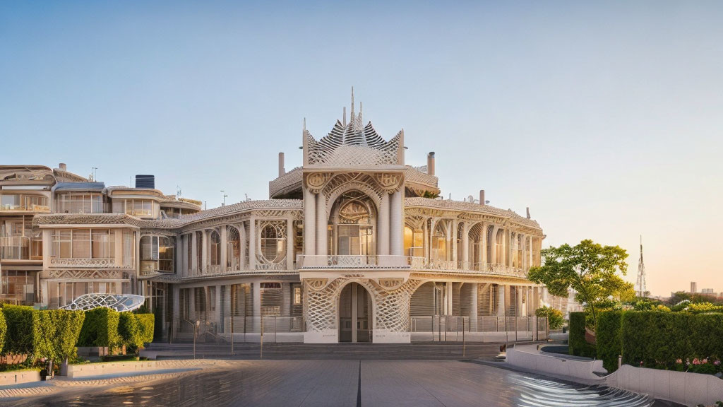 Modernist white building with intricate latticework in urban setting