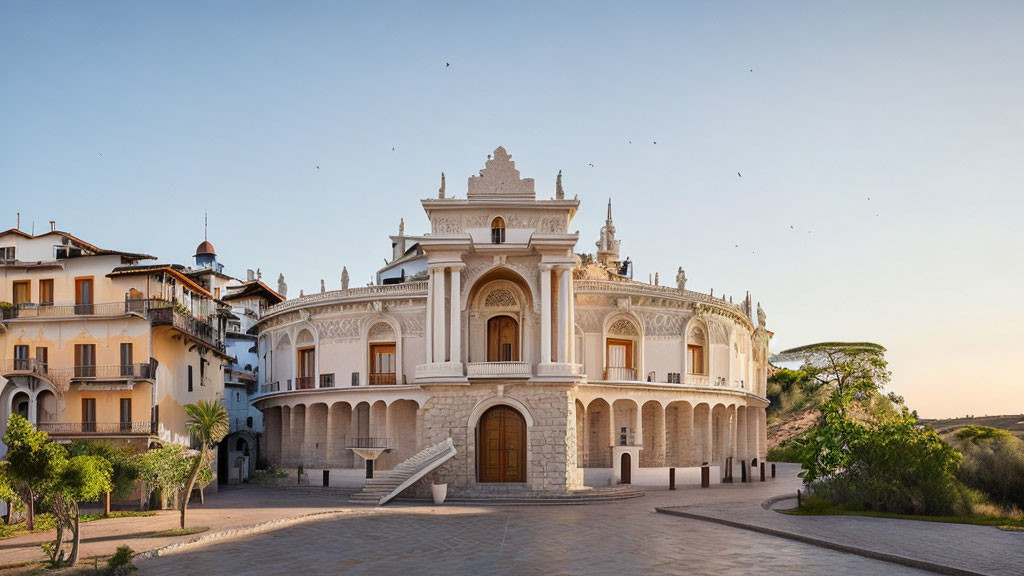 Neoclassical building with ornate facade and balconies against clear sky