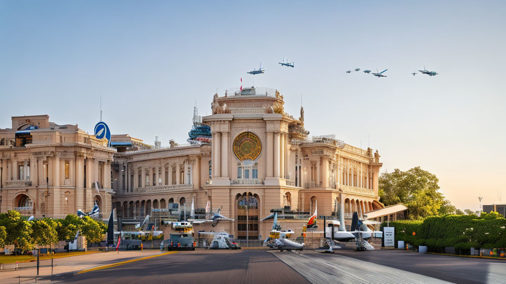 Historic building with archway, helicopters on ground, and military aircraft flying.