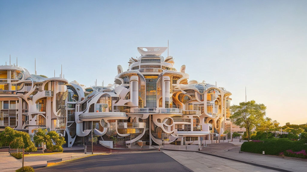 Curved white balconies on modern architectural building at sunset