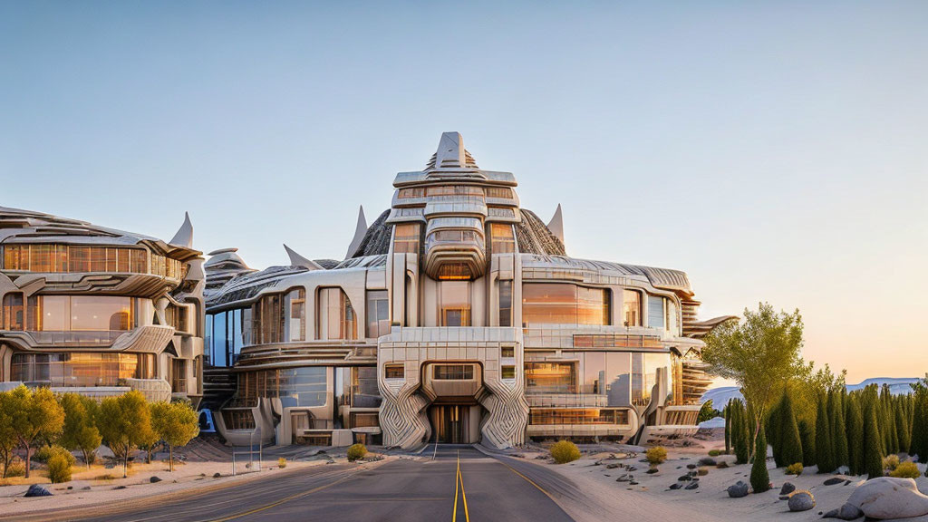 Unique Futuristic Building Complex in Desert Sunset