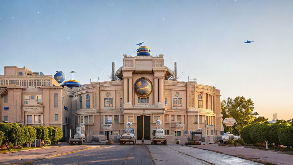 Ornate building with spherical structures and central dome under clear sky