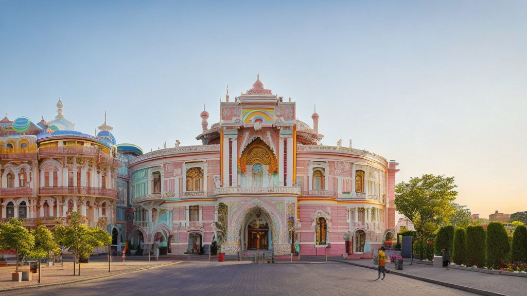 Pink ornate building with golden embellishments and green trees against clear sky