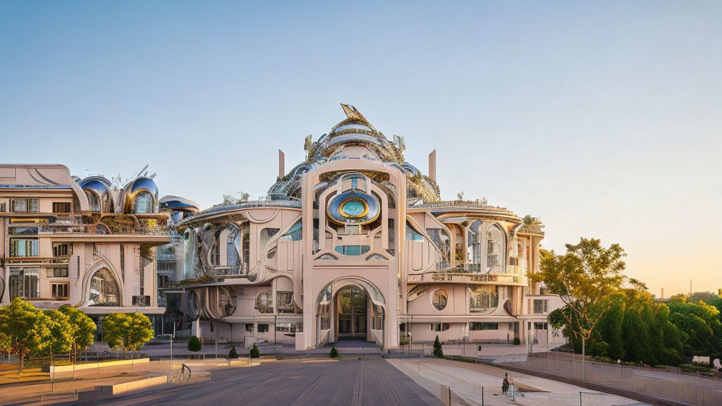 Ornate futuristic building with large windows and blue dome at sunset