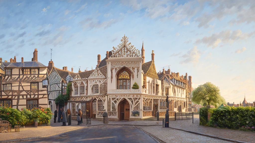 Serene street scene with half-timbered buildings and rich architectural details