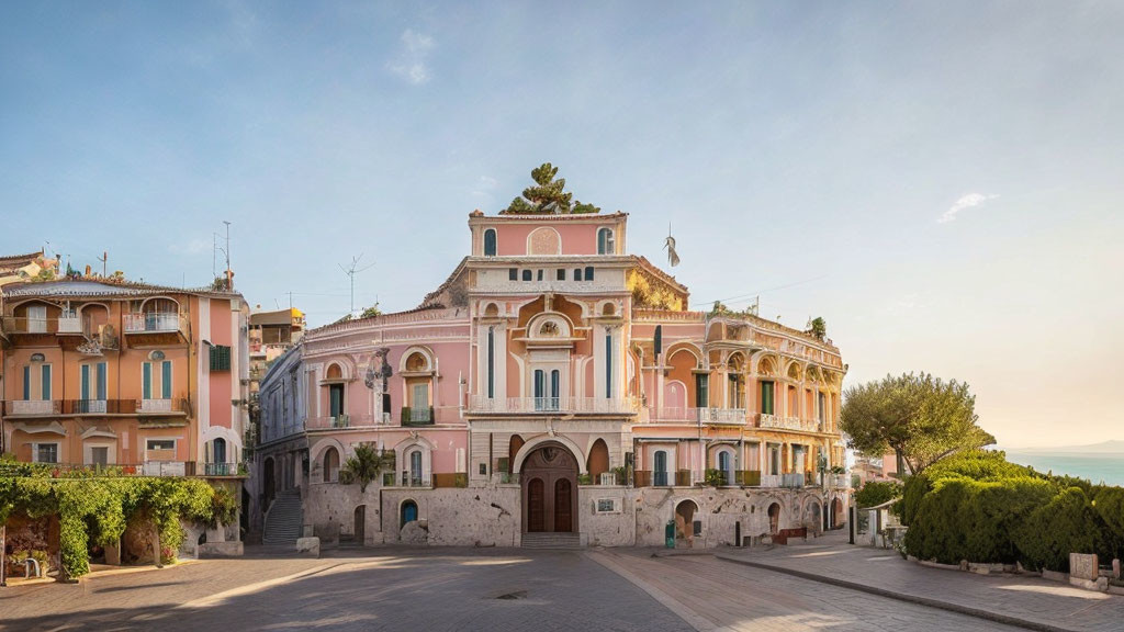 Historic pink building with arches and balustrades framed by trees under clear sky at dawn or