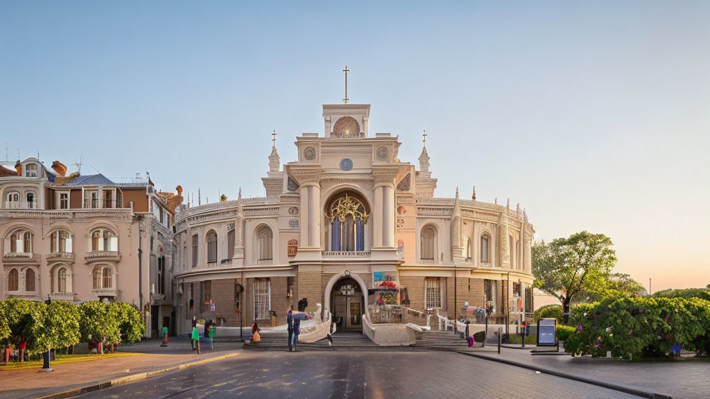 Neoclassical church facade with rose window and elegant buildings at dusk