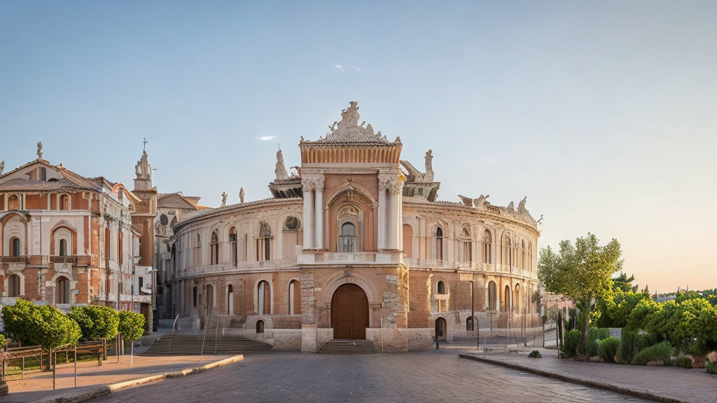 Neoclassical building with sculptures, arches, and cobblestone plaza